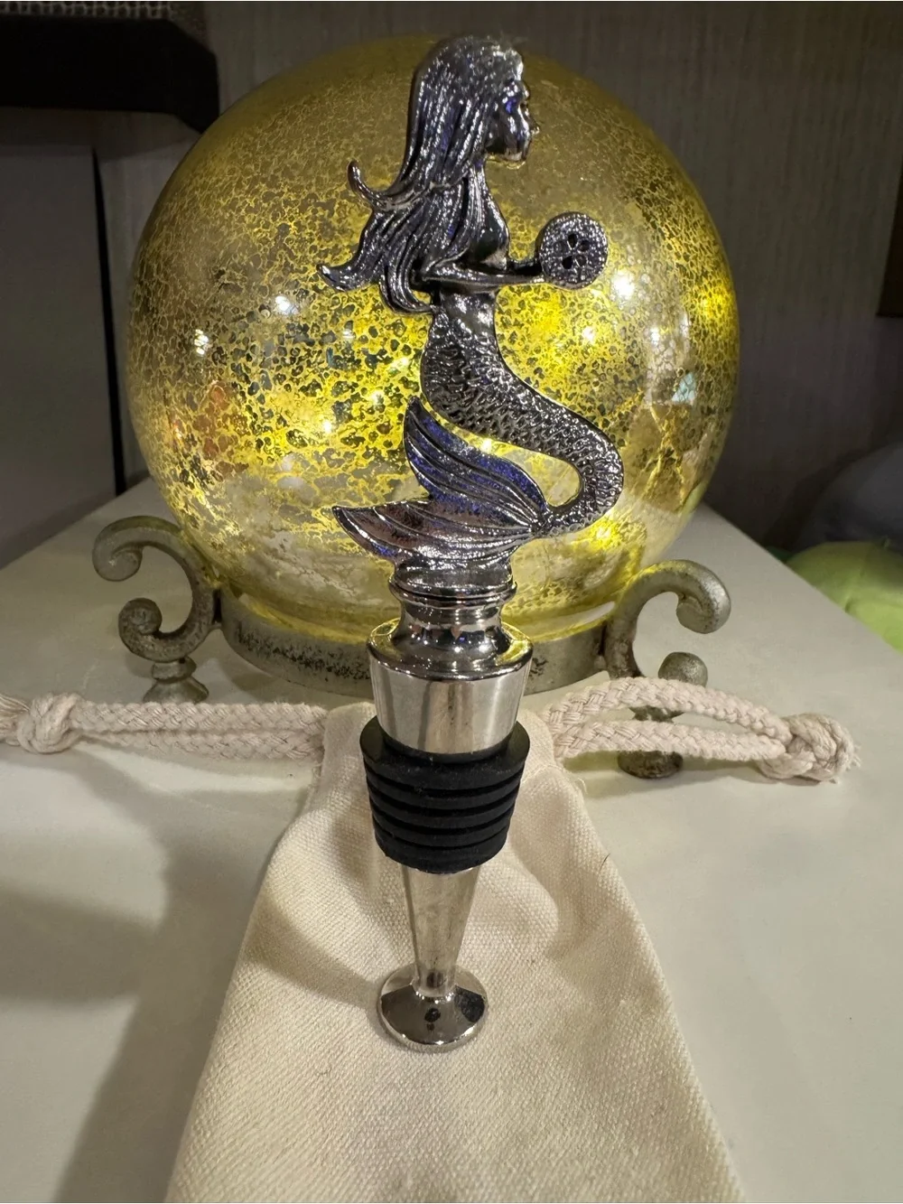 Silver Mermaid Wine Bottle Stopper – White Pouch Included